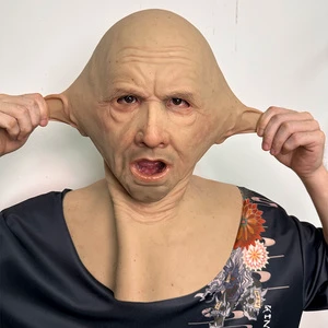 Elderly Bald Silicone Male Full Head Mask Deep Wrinkled Face Line for Cosplay Party Stage Performance Prop Halloween