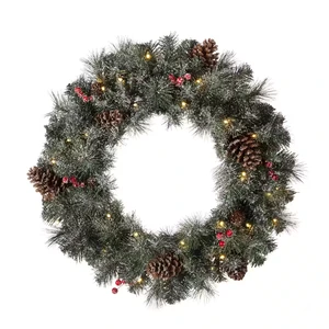 60CM Wholesale Prelit LED Glittered Artificial Christmas Wreath with Natural Pinecones Red Fruits for Door Home Decoration
