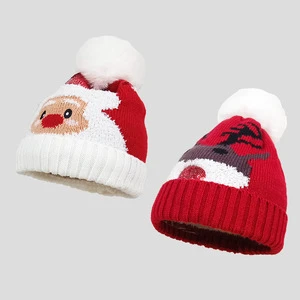 Winter Christmas Knitted Beanie Red Santa Elk Jacquard Pom Pom Holiday Hat