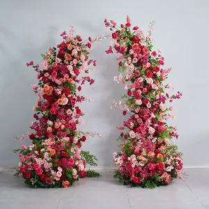 X896 Wedding Event Background Artificial Silk Hot Bright Pink Orange Rose Flower Horn Arch For Wedding Guide Backdrop Decoration