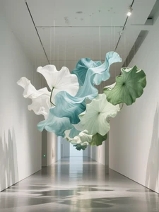 Custom Soft Gradient Organza Hanging Lotus Leaf Ceiling Art Installation Waterproof Floating Leaf Prop for Shopping Mall Atrium