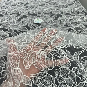 Flowers Sequin Fabric Polyester Spandex Stretch Material Shiny Glitter Embroidered for Wedding Sheer Prom Dress Evening Gown