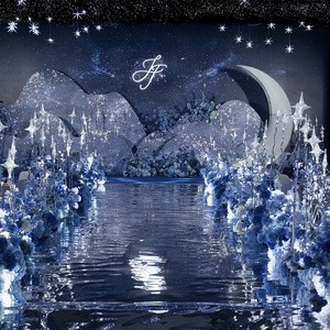 Wedding Event Stage Decoration Starry Sky Theme Crystal Bead Curtain Chandelier With Moon Prop For Wedding Banquet Hall