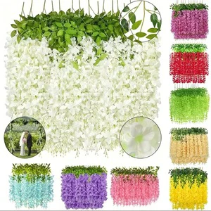 Hot Selling 12pcs Large Artificial Sick Wisteria Hanging Flowers Vine Silk Fake Wisteria Garland For Wedding Ceiling Decor