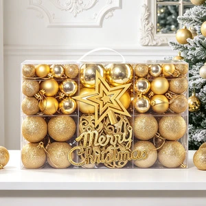 Round Hanging Plastic Christmas Balls & Tree Ornaments Shatterproof Xmas Baubles With Star Tree Topper Merry Christmas Sign