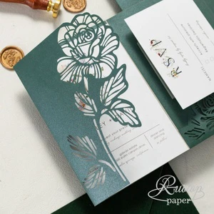 Emerald Green Laser Cutting Wedding Paper Pocket Invitation with Flowers Design Customizable Textured Event Paper Cover