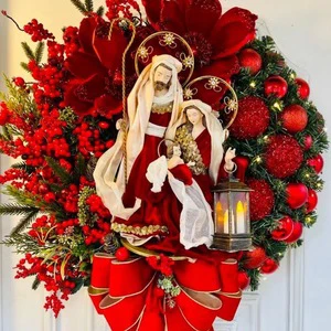 2024 New Christmas Wreath Decorations Door Hanging Berry Christmas Wood Wreath Sacred Heart Christmas Ornament