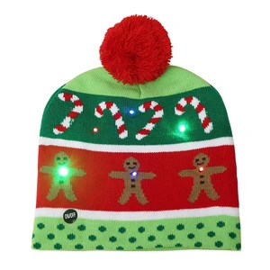 Custom Eco-Friendly Windproof Soft Acrylic Lightweight Classic Fit Santa Beanie Caps Christmas LED Light-Up Knitted Winter Party