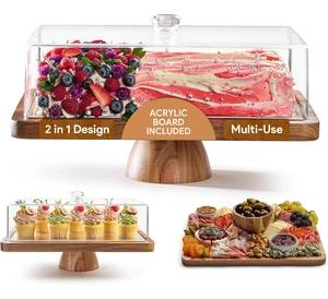 Acacia Wood Cake Stand With Lid - Rectangular Cake Holder, 2-in-1 Dessert Table Display Set & Charcuterie Board