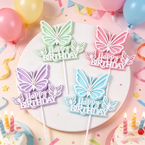 Happy Birthday butterfly and Pearl Cake Topper for Birthday Wedding Bride Cupcake Toppers Baking Party Baby Shower Cake Decor