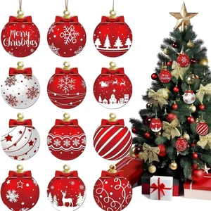 Red White Christmas Ball Design Hanging Wooden Set Festive Winter Holiday Tree Christmas Decoration