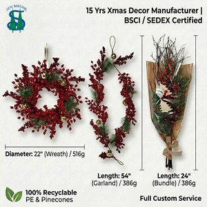 Eco-Friendly Pine Berry Christmas Wreaths Customized Large Red Berry Gold Ball Garland For Commercial Mall Shop Window Ornament