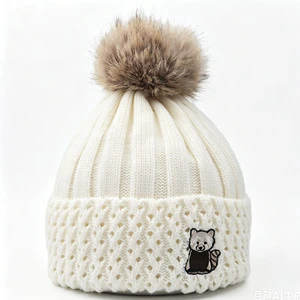 Wholesale Fleece Lined Thermal Ski Cap Custom Logo Embroidered Cuffed Winter Hat Knitted Pom Pom Beanie