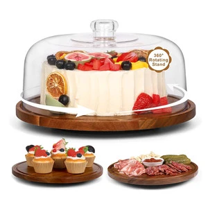 Wedding Decoration Rotating Cupcake Display Serving Tray Acacia Wood 12 Inch Swivel Cake Stand With Dome Lid