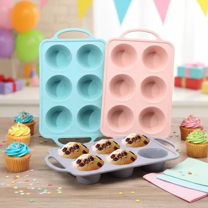 BPA Free and Eco-Friendly Silicone Cake Mold Non-Stick 6/12 Cup Cupcake Muffin Tray with Handle for Home Baking