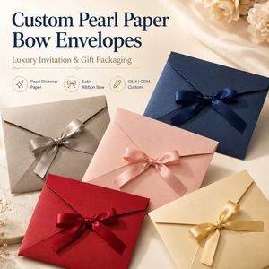 Pearl Paper Bow Envelopes For Wedding Invitations Satin Ribbon Gift Card Greeting Card Bridal Shower Party Favor Custom Color