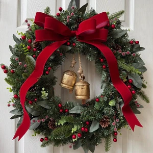 LINGKAI 40cm Pre-lit Christmas Artificial Wreath with Pinecones Red Berry Bow for Hanging Window Hotel Shopping Mall Decor
