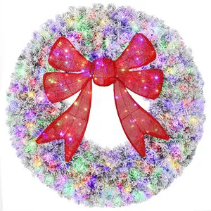48in Pre-Lit Christmas Wreath with 3D Red Bow 11 Lighting Modes Remote Controlled Front Door Wreath Flocked Christmas Garland