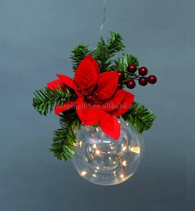 10cm Christmas Ball With LED Light Red Flower Berries Pine Needle for New Year Xmas Tree Hanging Ornaments