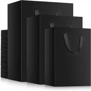 Kraft Paper Bags-30pcs 3 Sizes Gift Wrap With Hand Length Ribbon Handles Stickers Recyclable Black For Wedding Cosmetics Pouches