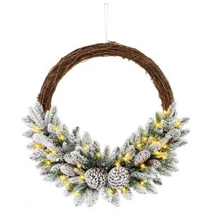 Pre-Lit Snow Flocked Artificial Christmas Wreath with 8 Pine Cones and 35 LED Lights Christmas Garlands & Wreaths