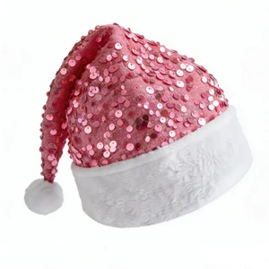 Red Pink Sequin Polyester Santa Hat Adults New Year Decoration High Quality Luxury Plush 32x45cm Christmas Hats Custom Logo