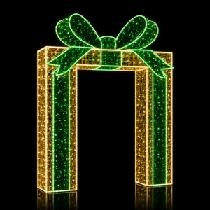 Direct Manufacturer IP65 Approved Large Scale Walk Through Green And Gold Christmas Gift Box Arch Motif Light For Garden Walkway