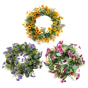 14in Spring Summer Wreaths for Front Door, Artificial Floral Wreath with Purple Pansy Flowers Green Eucalyptus Leaves Farmhouse