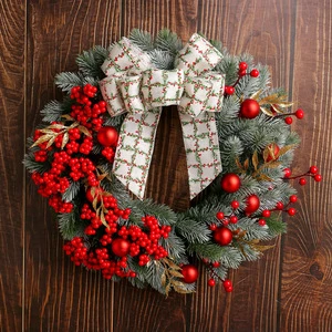 Cross-border Christmas holly fruit wreath decoration hanging ornament, Christmas berry bow wicker ring for and door display