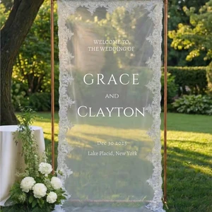 Custom Name Romantic Hanging Tulle Wedding Signs Fabric Lace Sheer Wedding Welcome Signs for Wedding Engagement Decorations