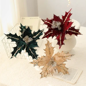 Flocked Christmas Poinsettia Flowers Glitter Christmas Flowers Artificial Flower Ornaments Fold Floral For Christmas Tree Decor