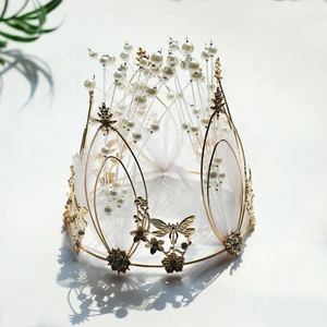 Lace Decorated Pearl Crown Cake Topper for Birthday Party Decorations