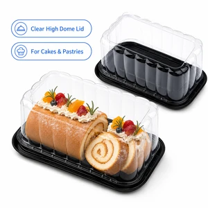 Rectangular Disposable Plastic Cake Container With Clear High Dome Lid And Black Base For Bakery Packaging