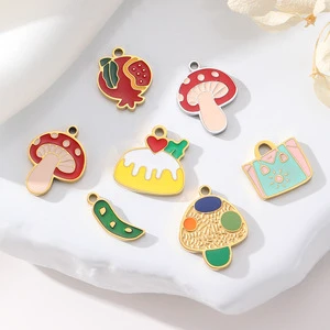 Cute Cartoon Vegetable Shaped Oil Pendant Stainless Steel Mushroom Strawberry Cake Charm DIY Bracelets Necklaces Making