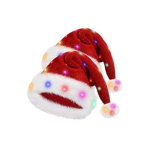 Red Velvet Cotton Classic Fit Light up Christmas Santa Hat for Adult Women Men Party Holiday Unisex New Year Festive