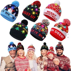 Christmas Hat With Led Lights Custom Logo Design Embroidery Cap Thick Velvet Hat Santa For Celebrating Cowboy Knit Knitted Claus