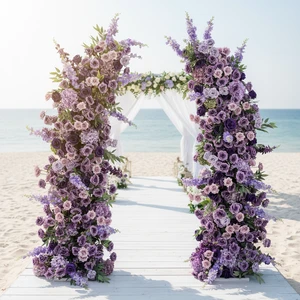 Factory Low Price Wholesale Good Quality Champagne Artificial Purple Rose Horn Arch Flower With Stand for Wedding Decoration