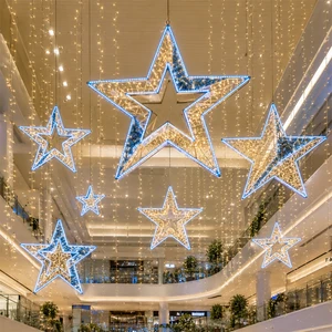 Giant 3D Blue and Warm White LED Star Shape Atrium Decor for Commercial Mall Ceiling Hanging Star Motif Light