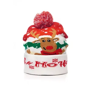 Wholesale Christmas Warm Knitted Hats with Pom-poms and Character Pattern Business Use Custom Logo Rolled Edge