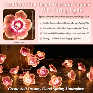 Unique Gradient Pink Peach Blossom LED String Lights Copper Wire Fairy Lights For Wedding Christmas Home Bedroom Decor