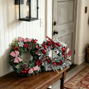 LingKai Handmade PVC 30cm/40cm/55cm Modern Indoor Christmas Wreath With Red Berry And Natural Pine Cone Decoration