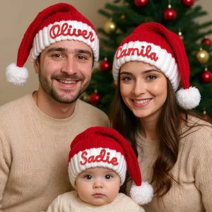 Wholesale Custom Christmas Knit Beanie Hat Jacquard Letter Family Santa Hat with Pom Pom OEM