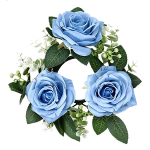 Lifelike Artificial Light Blue Rose Mini Wreath Candle Ring Farmhouse Style Plastic 9in Home Decor Wall Window Hanging Easy