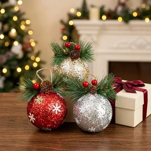 2026 Xmas Handmade Sequin Sphere Tree Ornaments Shatterproof Plastic Waterproof Full Color with Pinecone Decoration