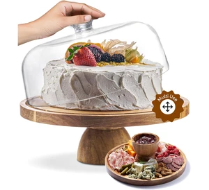 Acacia Wood Handmade Eco-Friendly Cake Stand With Lid And Dome Design Round Dessert Display Holder & Fruit Serving Tray