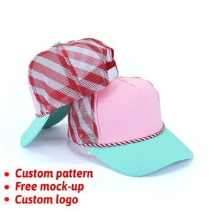 Women High Quality Christmas Candy Hat Cane Style Tri Color Checkered Foam Mesh Striped Printed Trucker Hats With Custom Logo