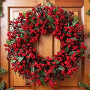 Premium Decorative Wreath with Holly Berries for Christmas Front Door Indoor Outdoor Holiday Decoration Durable