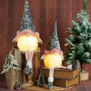 Lighted Christmas Gnome Sparkling Sequin Hat LED Glowing Plush Tomte Long Striped Legs Scandinavian Holiday Decor Polyester Made