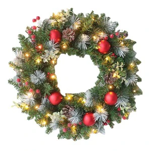 Multi Specification Long Lasting PVC Outdoor and Indoor Christmas Decoration Wreath with Light Red Fruit and Natural Pinecones