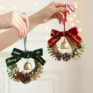 Handmade Mini Lighted Festival Hanging Ornament with Pinecone Red Berry Vine Bow Bell & Flower